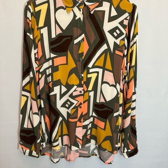 Big Dart Womens Button Down Shirt Long Sleeve Retro Abstract Color Block Funky M - Picture 6 of 14